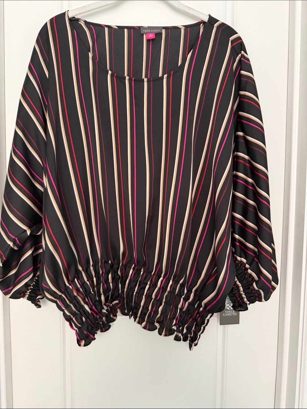 Vince Camuto Black Smocked-Hem Blouse with multicolored stripes XL NWT